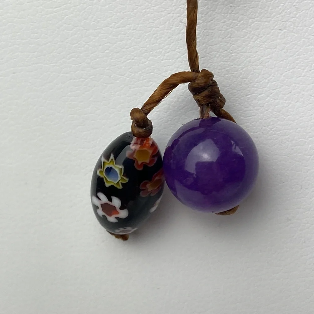 Corded braided dichroic glass polished stone w faceted Millefiori beads necklace